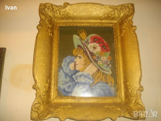 Стар/Старинен DMC Гоблен-Ръчно Нашиван-Германия-Рамкиран-Гипс-460х390мм-Момиче С Боне-ОТЛИЧЕН, снимка 6 - Гоблени - 37088937