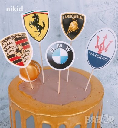 5 бр Автомобилни марки лого топер клечки картон декор украса за торта рожден ден