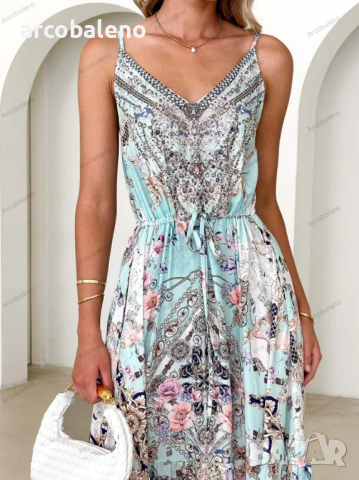 Дамска дълга рокля с щампи с V-образно деколте, 2цвята , снимка 12 - Рокли - 44885106