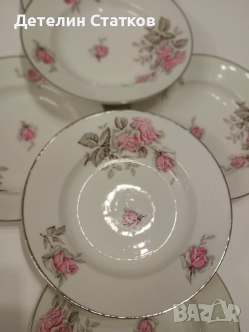 6 бр. порцеланови чинии 23 см. с флорален декор и сребрист кант, снимка 3 - Сервизи - 52239578