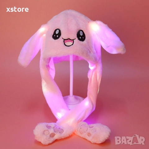 Подвижна шапка зайче с мърдащи се уши и LED светлини