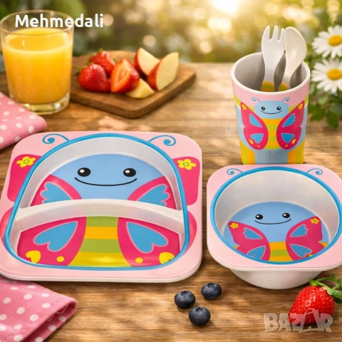 Детски комплект за хранене Cheffinger – 5 части  Чиния, купичка, чаша, лъжица и вилица , снимка 5 - Прибори за хранене, готвене и сервиране - 53168804