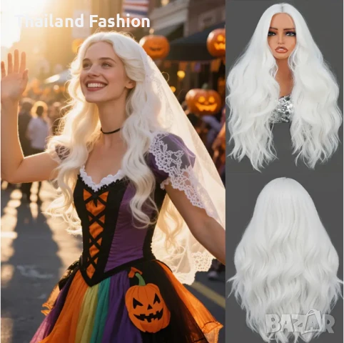 Красива бяла перука+подарък!, снимка 3 - Аксесоари за коса - 51367367