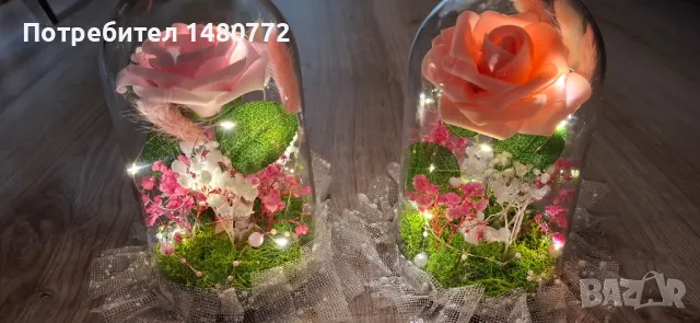 Светещи куполи с изкуствена роза, декорация и скандинавски мъх , снимка 2 - Друга електроника - 49022265
