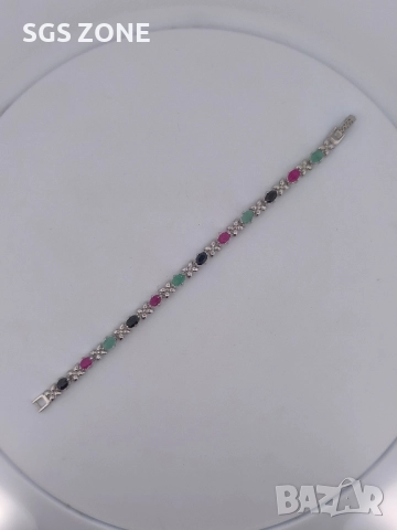 СРЕБЪРНА ГРИВНА С НАТУРАЛЕН САПФИР, РУБИН, ИЗУМРАД ОТ ТАЙЛАНД, снимка 5 - Гривни - 52315917