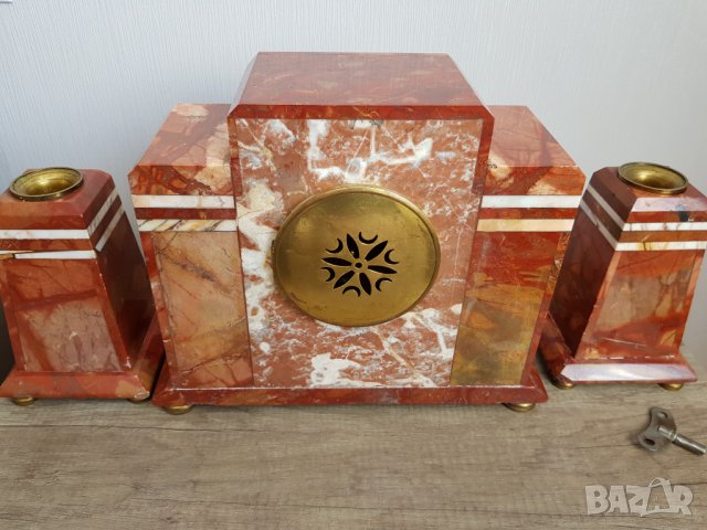 Комплект античен мраморен каминен часовник с два свещника, снимка 9 - Антикварни и старинни предмети - 33184199