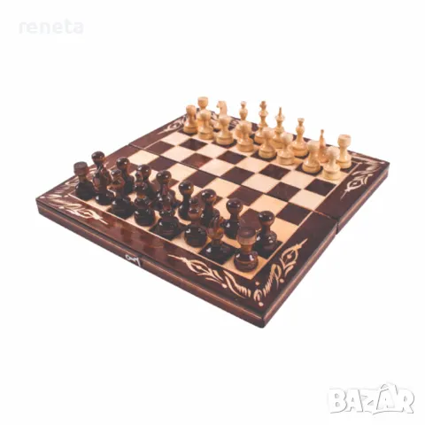 Комплект шах и табла, Дървен, Дърворезбована кутия, Кафяв, 44х44 см, снимка 1
