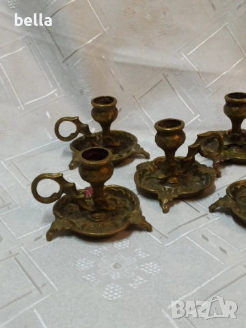 Комплект от 5 бронзови свещника с орнаменти и дръжки ., снимка 2 - Антикварни и старинни предмети - 52503326