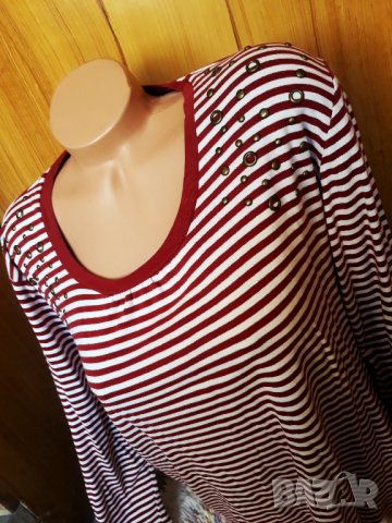 Червено-бяла блуза райе с декорация кабси на рамената 2ХЛ, снимка 3 - Блузи с дълъг ръкав и пуловери - 34617022
