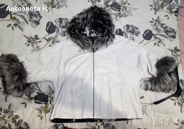 Продавам бяло яке , естествена кожа с гарнитура от сребърна лисицакожа , снимка 2 - Якета - 52426687