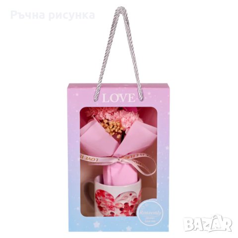 Подаръчен комплект "Обичам те" букет от вечни цветя и чаша в луксозна кутия