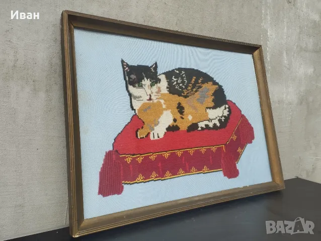 Ръчно изработен гоблен котка , снимка 2 - Гоблени - 48932866
