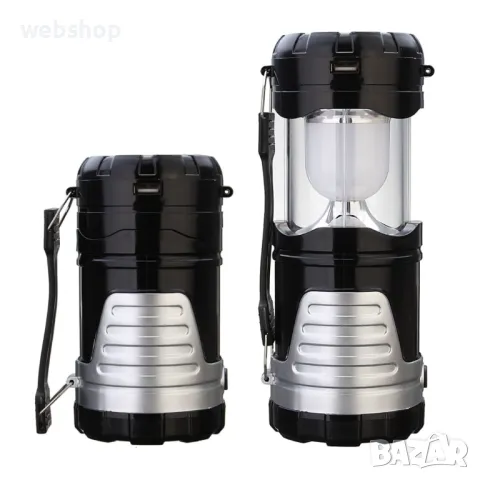 Акумулаторна LED лампа за къмпинг с фенерче 1W + 6 LED WB-7088A, Слънчев панел и USB, Дръжка , снимка 1