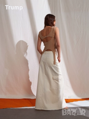 Дълга пола с карго джоб в нежно Екрю, снимка 1