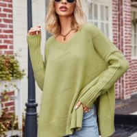 Дамски моден с голям размер секси пуловер с V-образно деколте, 3цвята - 023, снимка 6 - Блузи с дълъг ръкав и пуловери - 43204735