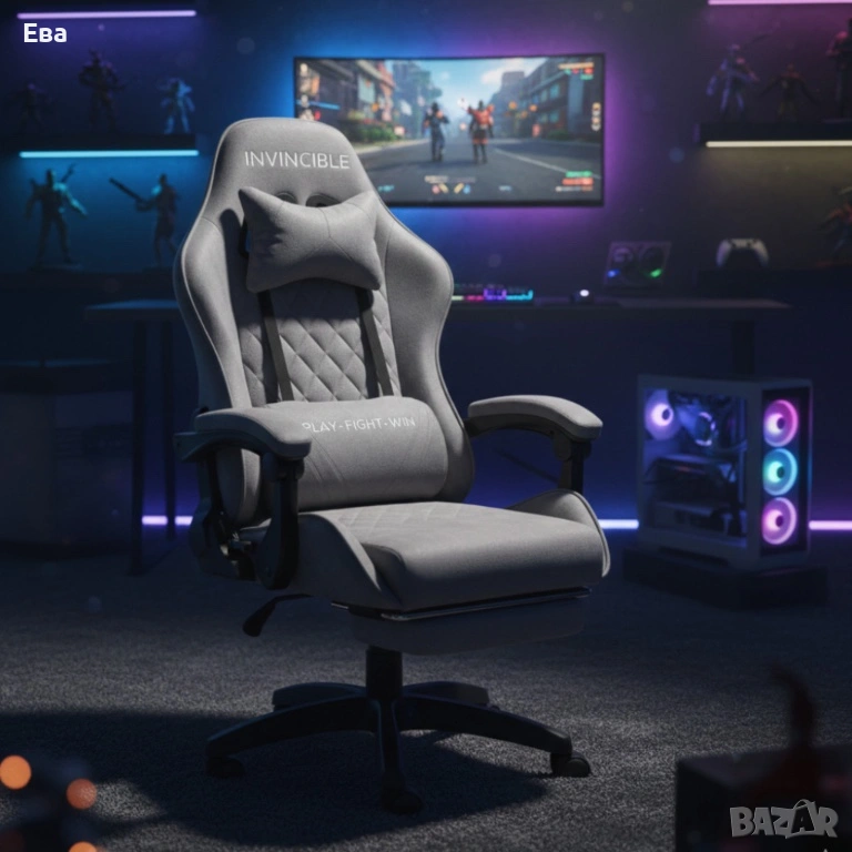 Геймърски стол с регулируема височина, лумбална възглавница и метална основа, снимка 1