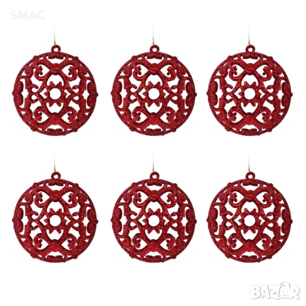 Комплект коледни топки – червени с прорези и брокат, 8 см – 6 броя_1123963, снимка 1