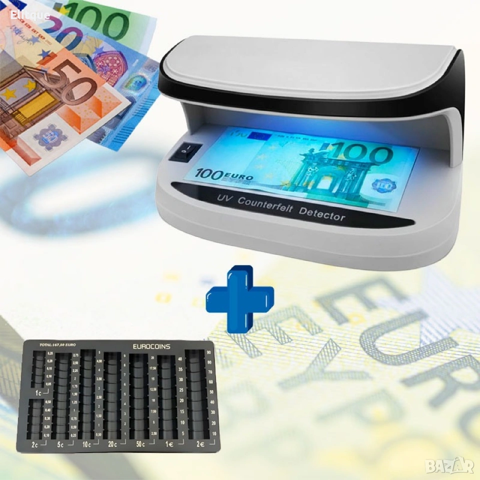 ПРОМО Оферта Детектор за фалшиви банкноти + монетник за евроцентове, снимка 1
