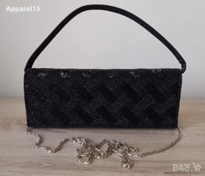 Нова черна сатенена чантичка с мъниста, снимка 1