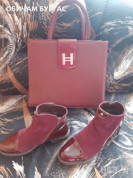 КОМПЛЕКТ СТИЛНИ ЧАНТА И БОТИ В БОРДО като нови, снимка 1