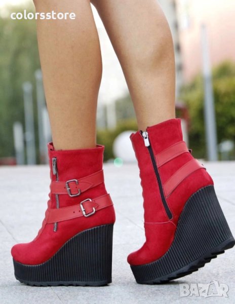 Боти на платформа - червен велур - B2001, снимка 1