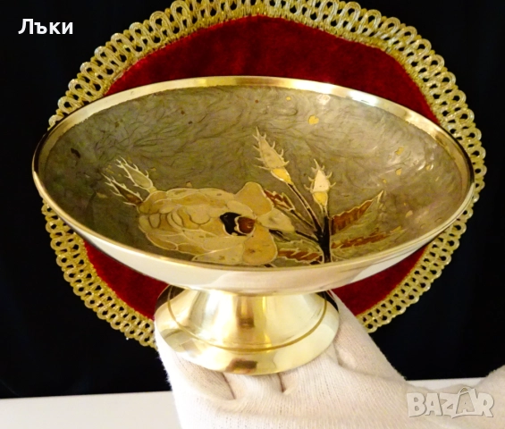 Бронзова фруктиера,купа с Роза,цветен клетъчен емайл. , снимка 2 - Антикварни и старинни предмети - 51711332