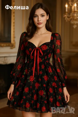 Удивително Красива Романтично Нежна Рокля с Червени Рози, снимка 6 - Рокли - 50410883