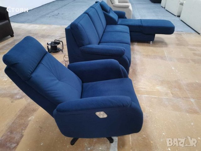 Нов Син ъглов диван и фотьойл релакс "Tyler" от плат, снимка 4 - Дивани и мека мебел - 39331294