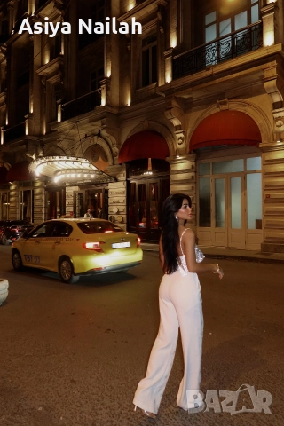 Дамски бял панталон с камъни и широк крачол, снимка 2 - Панталони - 52795099