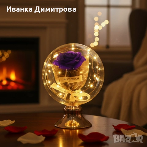 🌹 LED роза в купол – перфектен подарък Топла LED светлина, USB захранване, надпис „BEST WISH“. , снимка 3 - Подаръци за жени - 53396070