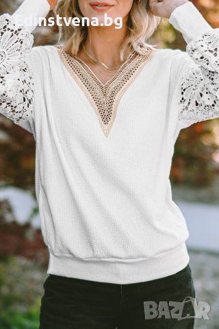 Дамска блуза в бяло с ефектно деколте и бродирани ръкави, снимка 9 - Блузи с дълъг ръкав и пуловери - 43118094