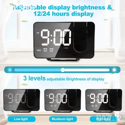 Прожекционен будилник Anykuu с FM радио Snooze Двоен звънец USB порт 3 нива на яркост LED дисплей, снимка 6 - Друга електроника - 48544883