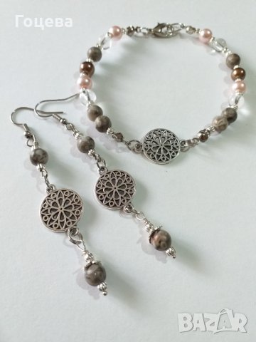 Прекрасен комплект бижута гривна и обици с Лечебният камък Майфанит и Планински кристали , снимка 2 - Бижутерийни комплекти - 32658900