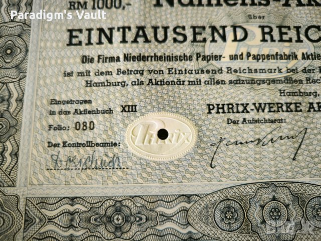 Акция | 1000 райх марки | Phrix-Werke AG Hamburg | 1941г., снимка 4 - Други ценни предмети - 43802535