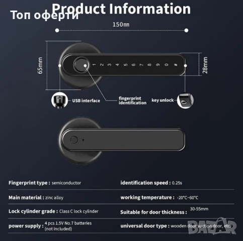 Секретна смарт брава Tuya, универсална, WiFi, 4xAAA захранване, Пръстов отпечатък, Парола, Ключ, снимка 3 - Ключове - 51176544