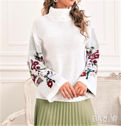 Флорален пуловер, Ефектен пуловер, Бял пуловер, снимка 3 - Блузи с дълъг ръкав и пуловери - 43096083