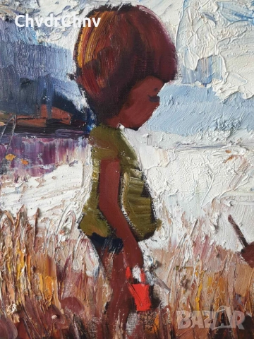 Folke Larsson 66х55см/стара шведска картина масло върху платно/деца-момче-момиче/дървена рамка, снимка 4 - Картини - 52076911