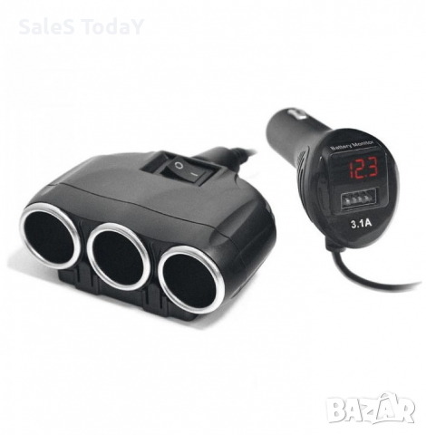 Разклонител за запалка на кола, с екранче, 12 / 24V, 3 гнезда, USB порт, лед