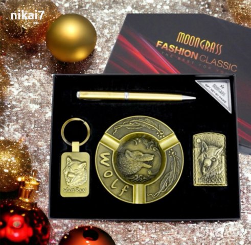 Мъжки подаръчен комплект Moongrass Wolf 4в1 метални/релефни, снимка 2 - Шах и табла - 42943933