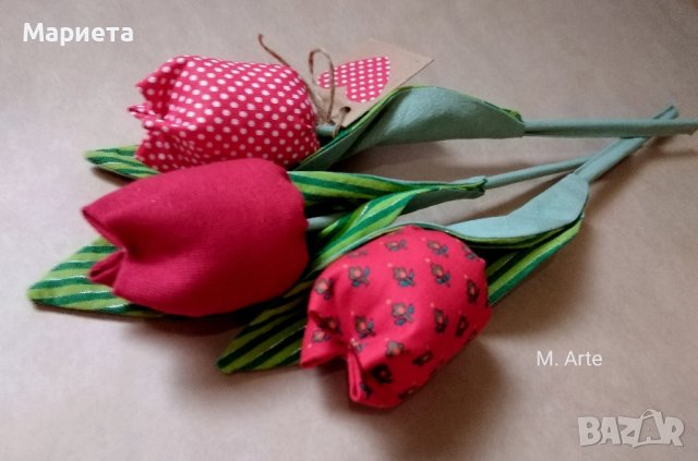 Букет Лалета Текстилни Лалета Червени Лалета Червени Цветя Ръчна Изработка Лалета от Плат , снимка 3 - Декорация за дома - 37918583