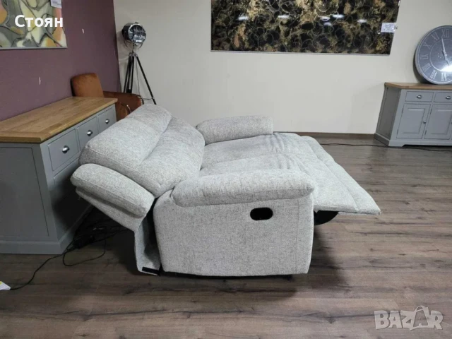 Сив диван от плат двойка с ръчен релаксиращ механизъм, снимка 11 - Дивани и мека мебел - 50886803