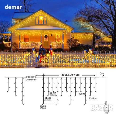 Коледни лампички, ледени висулки, 10 метра 400 LED, 8 режима, топло бяло, снимка 5 - Декорация за дома - 51943593