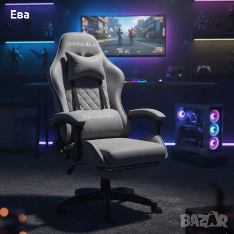 Геймърски стол с регулируема височина, лумбална възглавница и метална основа