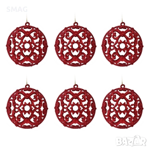 Комплект коледни топки – червени с прорези и брокат, 8 см – 6 броя_1123963