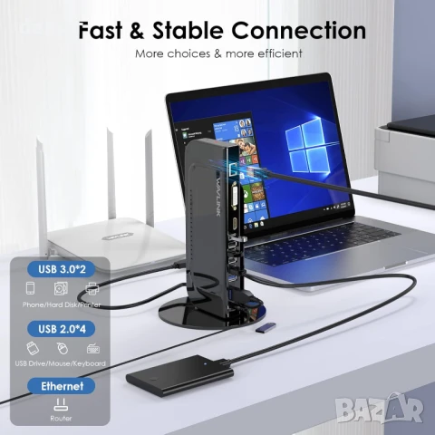 Докинг станция за лаптоп WAVLINK, за два монитора, HDMI+DVI/VGA/HDMI, 2* USB 3.0, 4* USB 2.0, снимка 4 - Друга електроника - 50443695