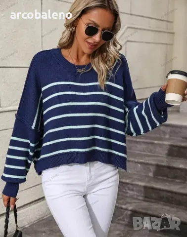 Дамски плетен пуловер с кръгло деколте, свободен пуловер на райета, 5цвята , снимка 14 - Блузи с дълъг ръкав и пуловери - 47860460