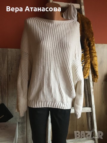 🤍 Бял пуловер с обемни ръкави💄м/л🤍, снимка 1 - Блузи с дълъг ръкав и пуловери - 43374231
