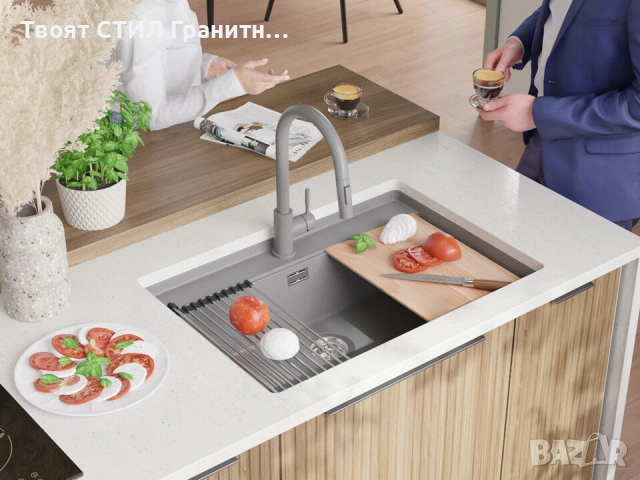 Сива кухненска мивка за вграждане под плот Берген 80 Low 760x530 мм -20%, снимка 4 - Мивки - 53070198