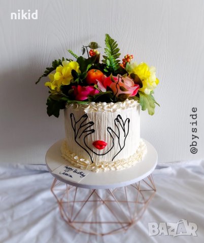 4 вид Абстрактно дамско лице с ръце контур черен топер украса декор торта, снимка 2 - Други - 37668032