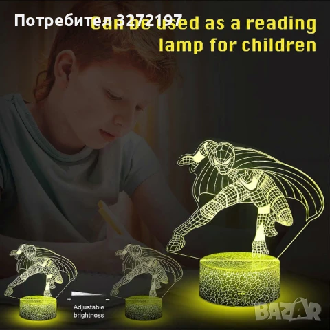 Холограмна 3D LED лампа Spider Man-дистанционно управление 16 цвята+други режими на управление, снимка 3 - Настолни лампи - 50487572